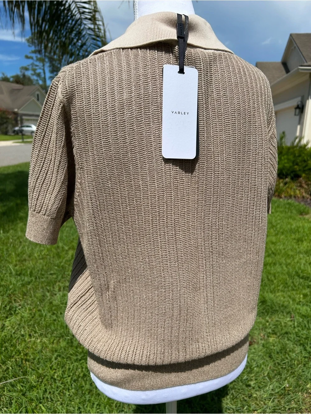 NWT🌷Varley Perrine Taupe Knit Polo V-Neck Short Sleeve Sweater